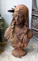 GARDEN STATUE, bust of a maiden, 63cm H, cast iron.