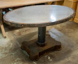 INDUSTRIAL TABLE, 77cm H x 130cm x 88cm, mid 20th century metal with oval top on pedestal base.