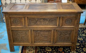 COFFER, 76cm H x 120cm W x 50cm D, Jacobean design oak with carved panels, possibly incorporating