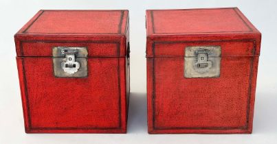 TRUNKS, a pair, Chinese scarlet lacquered and silvered metal mounted, 40cm x 40cm x 39.5cm. (2)