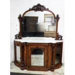 MARBLE TOPPED CREDENZA, 47cm D x 167cm W x 235cm H, Victorian walnut with carved mirrored back and