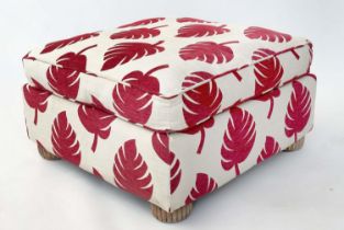 HEARTH STOOL, square form with rubber plant leaf burgundy cream chenille cream upholstery, 80cm x