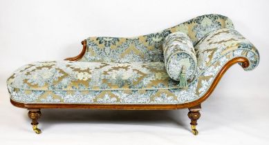 CHAISE LONGUE, 71cm H x 164cm x 64cm, mid Victorian walnut, circa 1860, in blue and green cut velvet