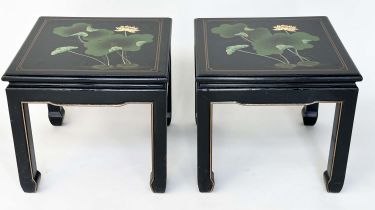 OCCASIONAL TABLES, a pair, square Chinese lacquered with gilt and polychrome lily decoration, 51cm x