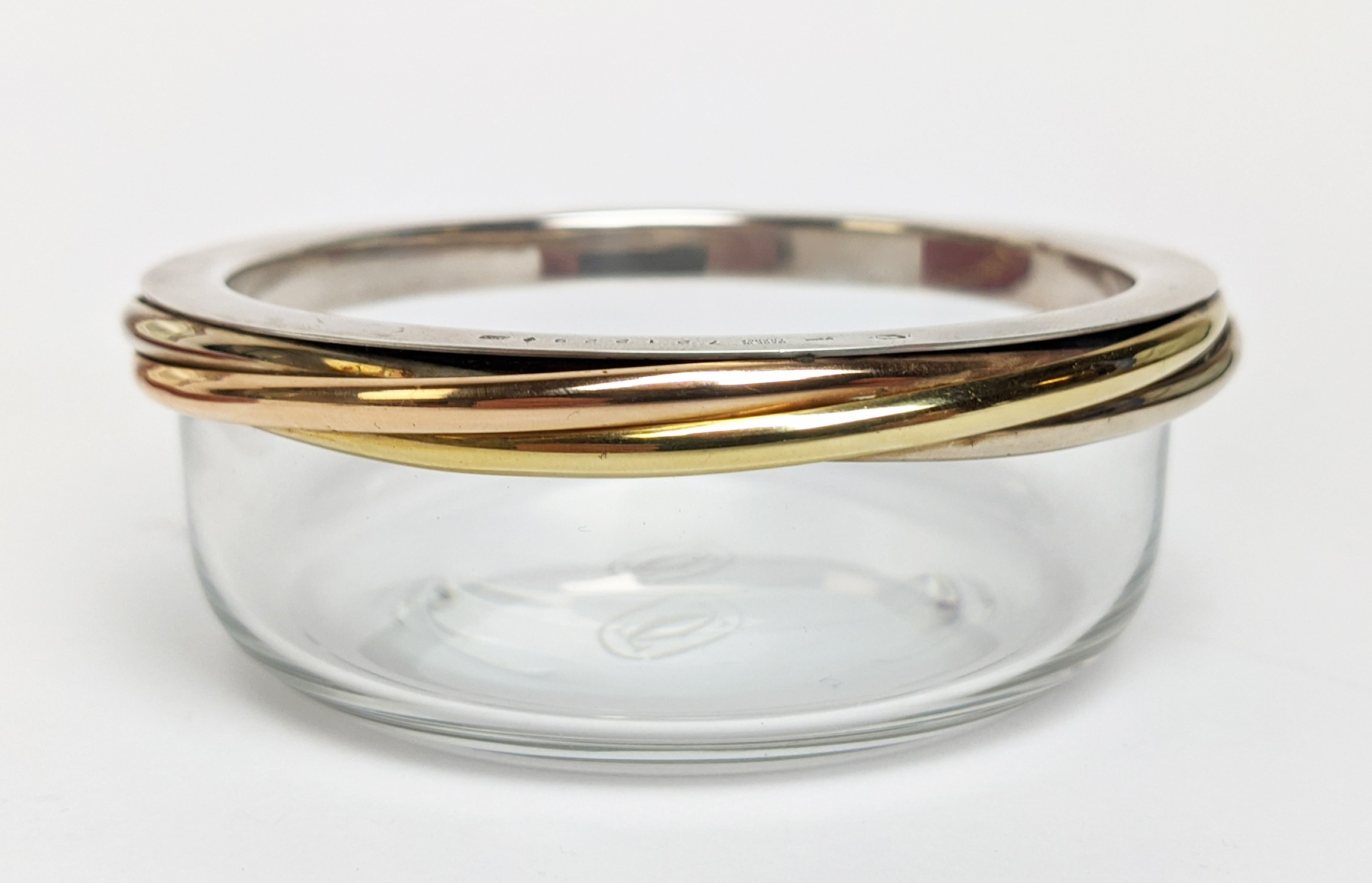 A CARTIER GLASS AND SILVER RIM CONDIMENT BOWL, complete with original box, 10cm diam. - Image 5 of 16