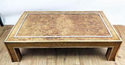 LOW TABLE, 140cm 79.5cm x 37cm, vintage 1970s, burr ash with metal banded detail.