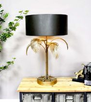 PALM TREE TABLE LAMP, 74cm high, 45cm diameter, gilt frame black shade, battery powered.