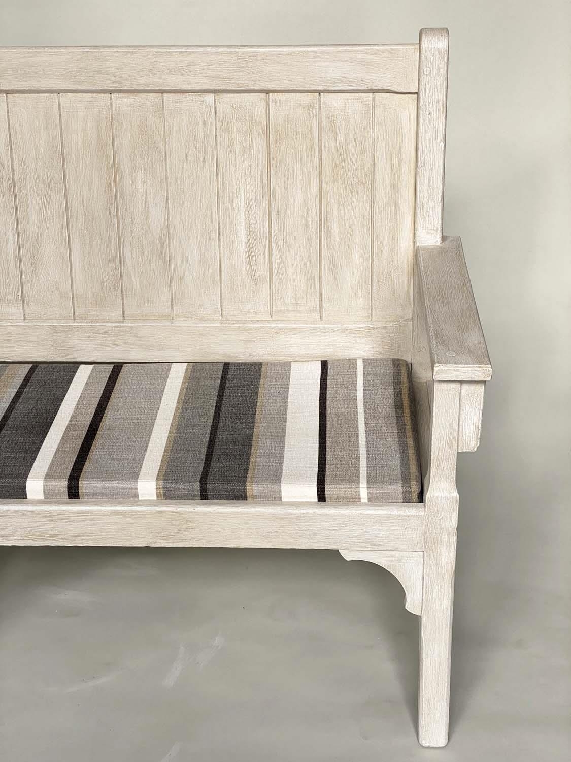 COUNTRY HOUSE BENCH, 189cm W, French style, grey painted, with striped seat cushions and arms. - Image 5 of 6