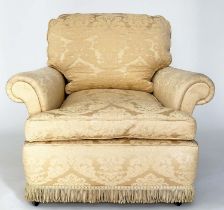 ARMCHAIR, Howard style gold brocade upholstery with scroll arm and feather filled cushion pads, 92cm