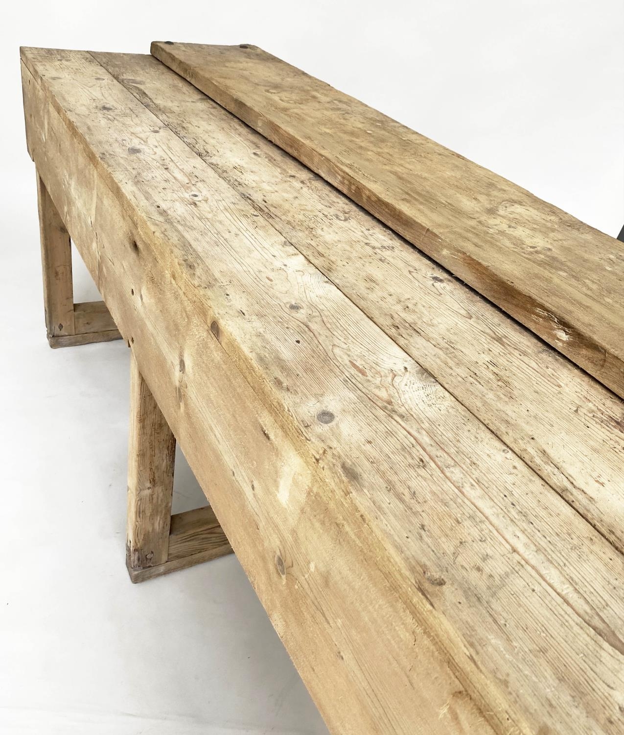 WORK BENCH, vintage/early 20th century broad planked pine, 211cm x 62cm x 80cm H. - Image 2 of 8