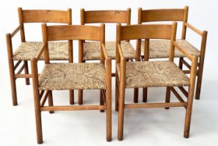 DINING ARMCHAIRS, a set of five 1970s, Italian style beech framed with rush woven seats, 32cm W. (5)