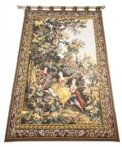 FRENCH TAPESTRY, 199cm x 128cm, with brass hanging rail.