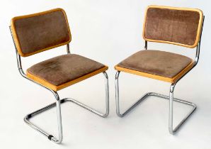 ARMCHAIRS, a pair, Italian cesa style beech framed, suede upholstered on cantilever chrome frame,