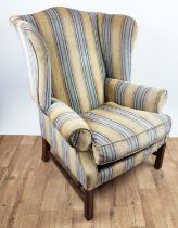 HART VILLA INTERIORS WING BACK ARMCHAIRS, a pair, striped fabric upholstery, 87cm x 77cm x 112cm