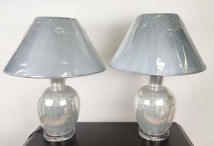 TABLE LAMPS, a pair, each 75cm tall overall, including shade, with mirrored bases on perspex