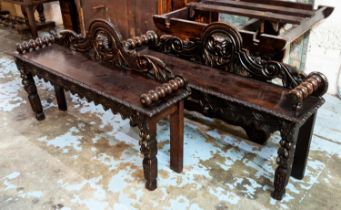 HALL BENCHES, a near pair, each 123cm W x 29cm D x 77cm H, Victorian oak, with heavily carved detail