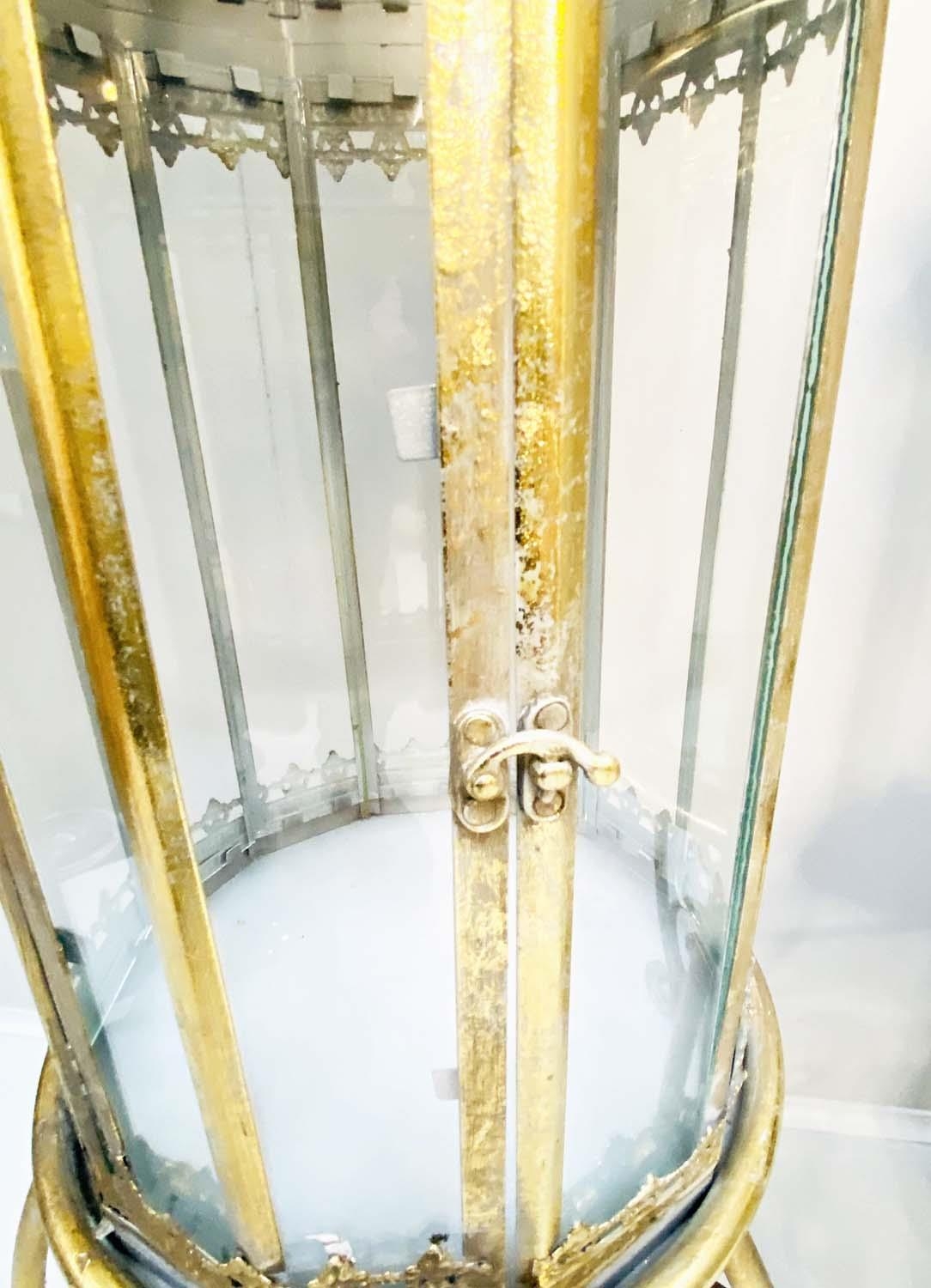 STORM LANTERNS ON STANDS, 115cm H x 34cm diam., Regency style, gilt metal frames. (2) - Image 3 of 5