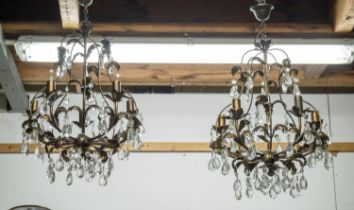 CHANDELIERS, 75cm H x 46cm W, a pair, gilt metal and glass of five lights. (2)