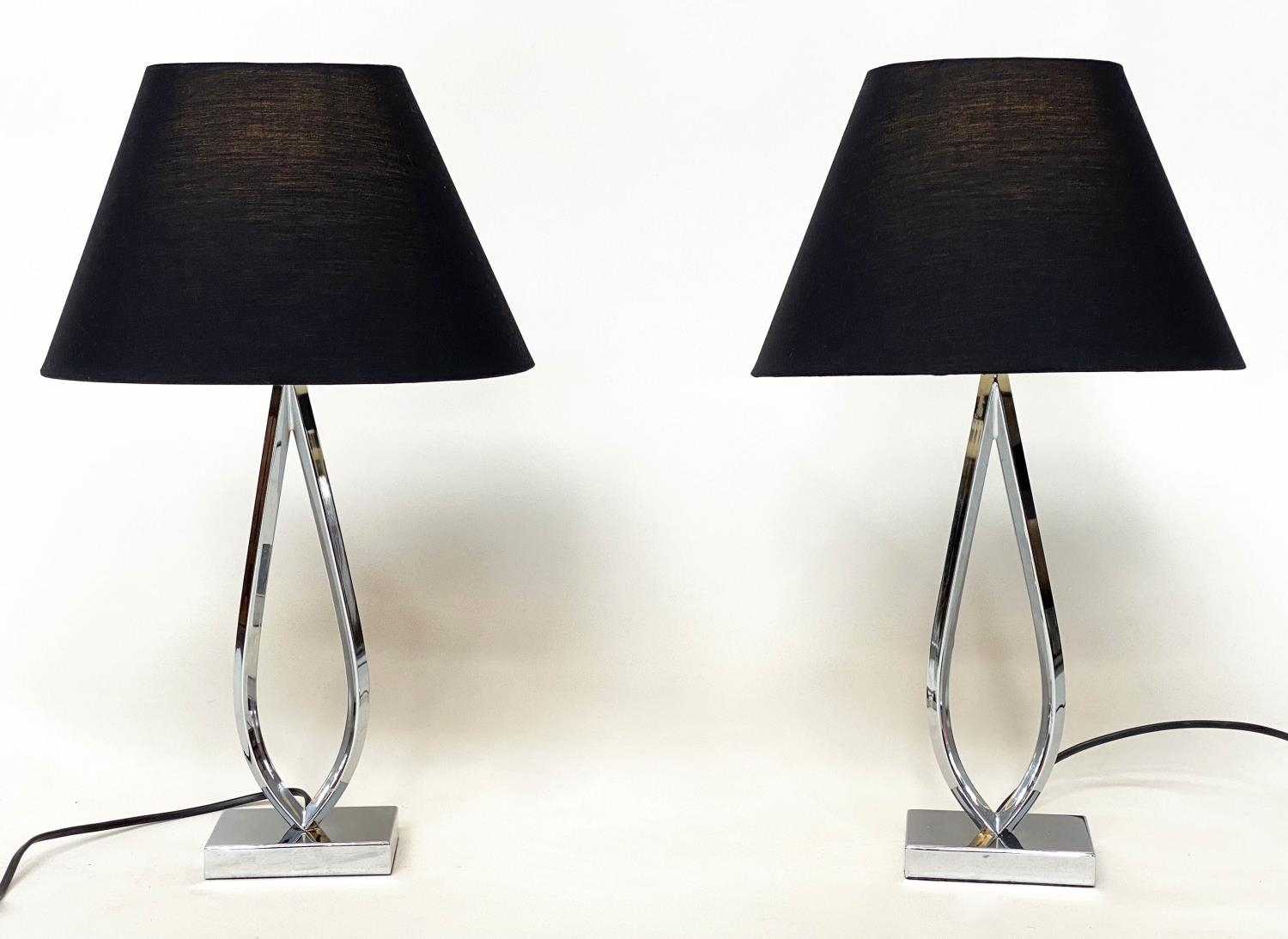 ENDON TABLE LAMPS, a pair, loop chrome and plinth bases with shades, 51cm H. (2)