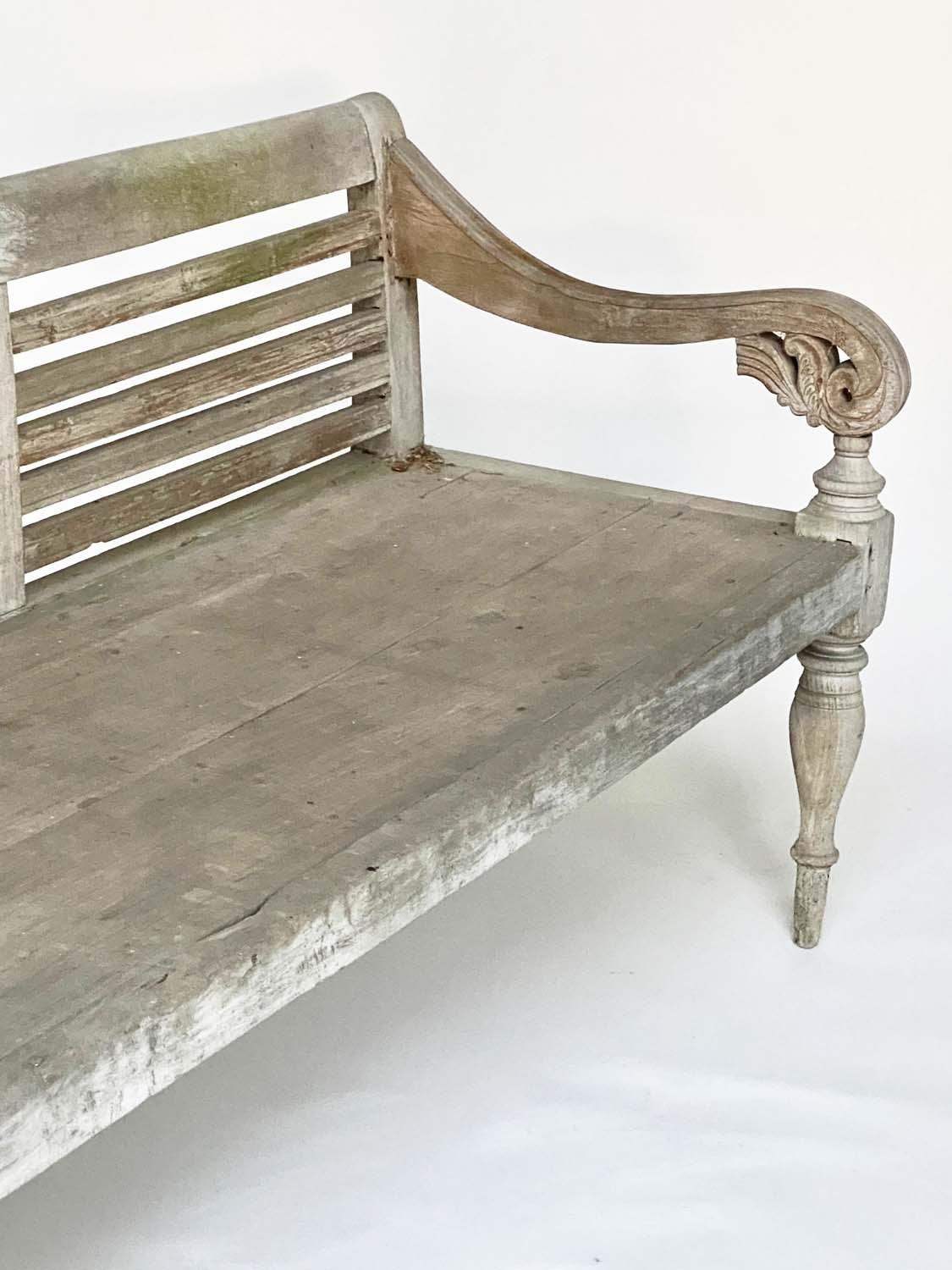 BENCH, Swedish style, weathered teak with scroll carved arms and turned front supports, 197cm W. - Image 6 of 9