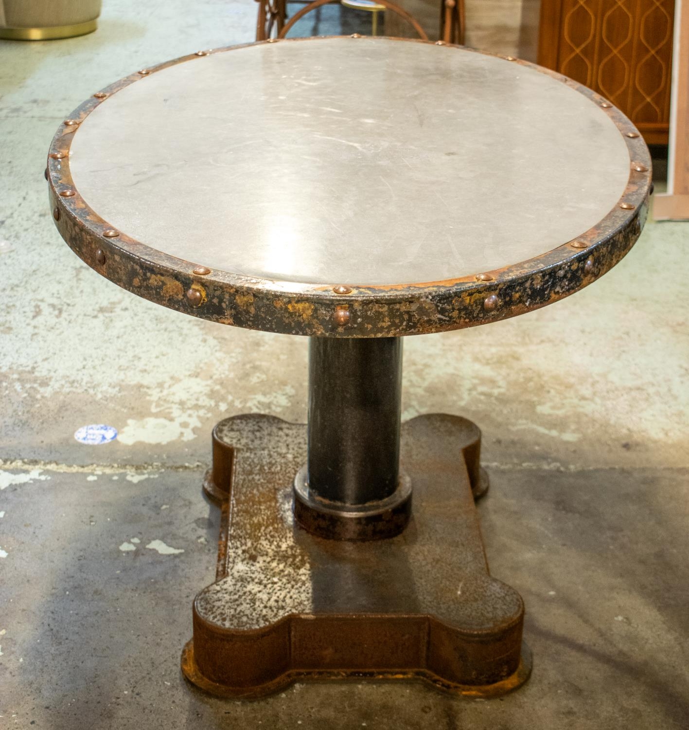 INDUSTRIAL TABLE, 77cm H x 130cm x 88cm, mid 20th century metal with oval top on pedestal base. - Image 2 of 5