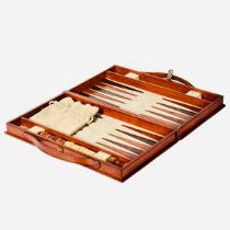 BACKGAMMON SET, in leathered case, complete with counters, 7cm x 23cm x 40cm.