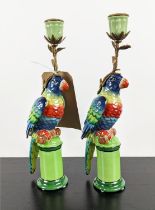 CANDLESTICKS, a pair, in the form of parrots, glazed ceramic, gilt mounts, 32cm H each. (2)