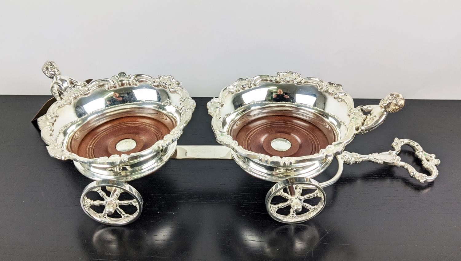 BOTTLE COASTER CART, Victorian style, polished metal, 54cm x 17.5cm x 14.5cm H approx. - Image 2 of 5