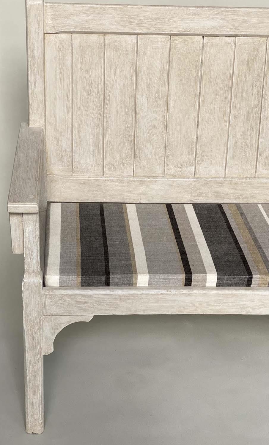 COUNTRY HOUSE BENCH, 189cm W, French style, grey painted, with striped seat cushions and arms. - Image 4 of 6