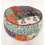 POUFFE, 45cm H x 67cm diam., circular drum form, piped Indian woven fabric.