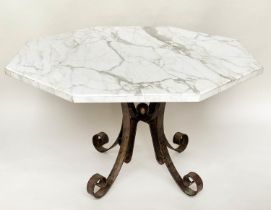 MARBLE CENTRE TABLE, octagonal Italian Arabescato marble top, raised upon wrought iron scrollwork