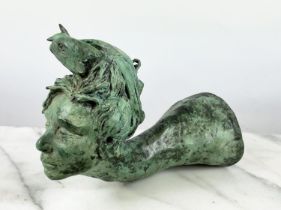 SALLY HOMER BRONZE WALL SCULPTURED HEAD OF A SEA SCION, with incorporated fish in a verdigris