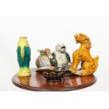 CHINESE SANCAI-GLAZED DOG OF FOO, a Chinese seated figural vase bear Christies label, a double