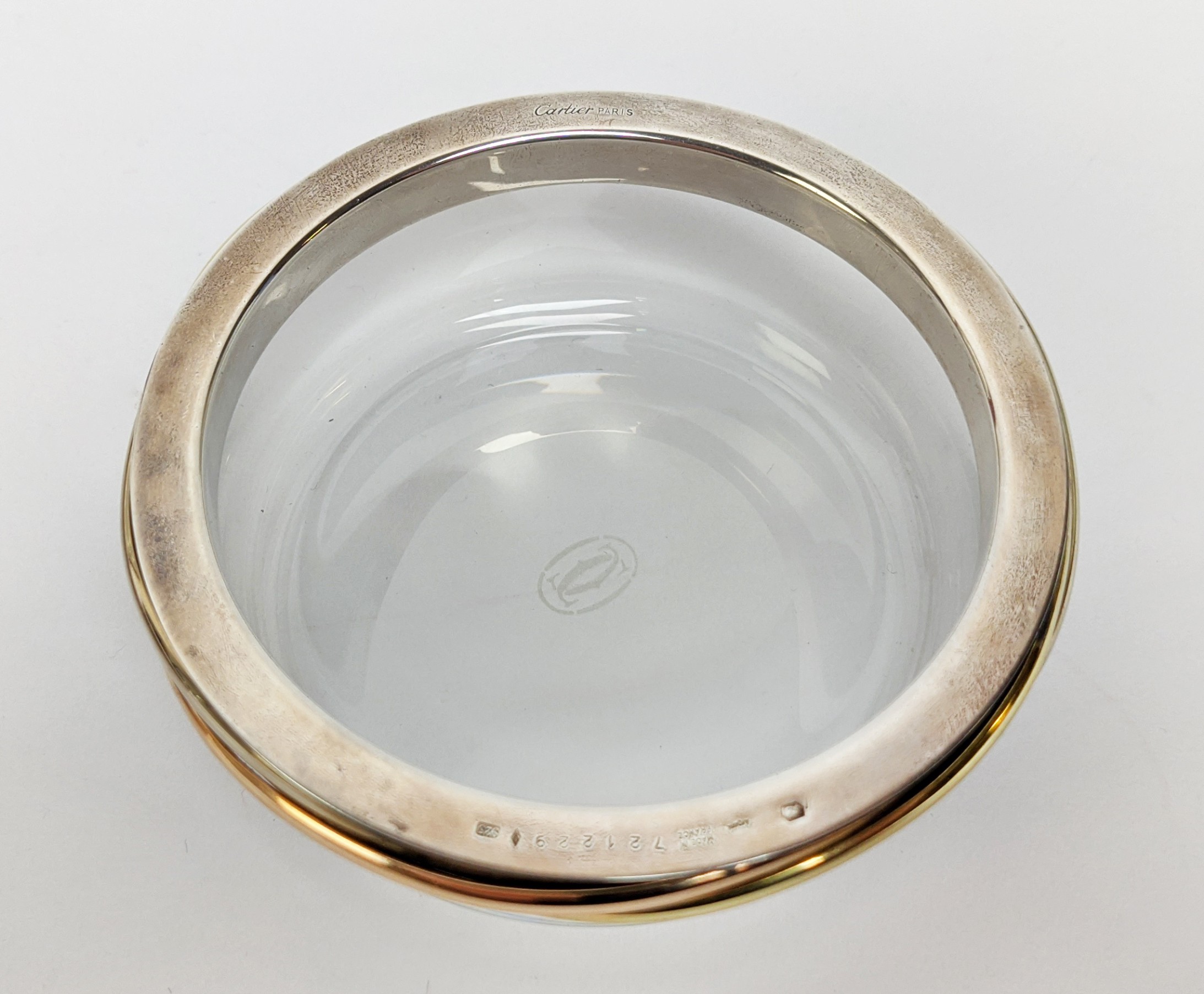 A CARTIER GLASS AND SILVER RIM CONDIMENT BOWL, complete with original box, 10cm diam. - Image 7 of 16