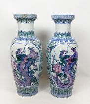 CHINESE FLOOR VASES, a pair, in a light blue green and pink palette with cartouches framing