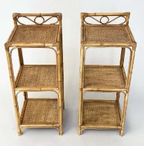 OCCASIONAL TABLES, a pair, rattan framed wicker panelled and cane-bound each with three tiers,