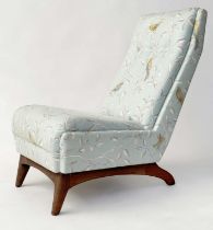 NURSING CHAIR, 1970s teak framed with Sanderson Duck egg blue 'finger' print fabric with button