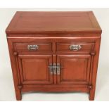 CHINESE CABINET, early 20th century scarlet lacquered firwood with silvered mounts, two drawers