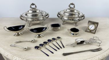 QUANTITY OF SILVER AND PLATE, comprising a pair of Georgian plated tureens with chrest and