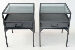 SIDE TABLES, a pair, black metal framed with ridged glass, undertier and drawer, 45cm x 45cm x 61cm.