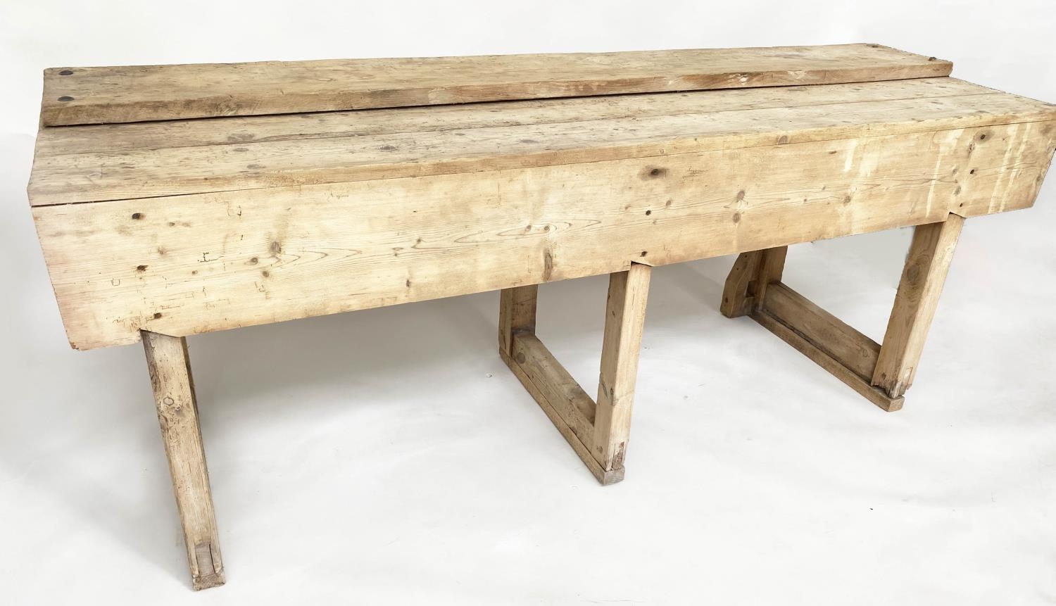 WORK BENCH, vintage/early 20th century broad planked pine, 211cm x 62cm x 80cm H. - Image 7 of 8