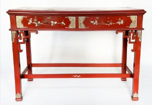 SIDE TABLE, Chinese scarlet lacquered with gilt chinoiserie decoration, two frieze drawers and