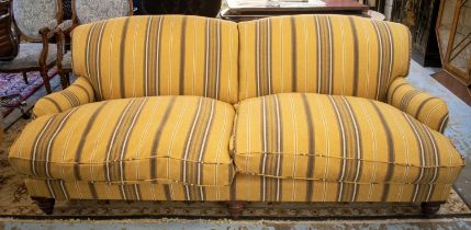 HOWARD STYLE SOFA, 83cm H x 217cm x 113cm, brown striped upholstery.