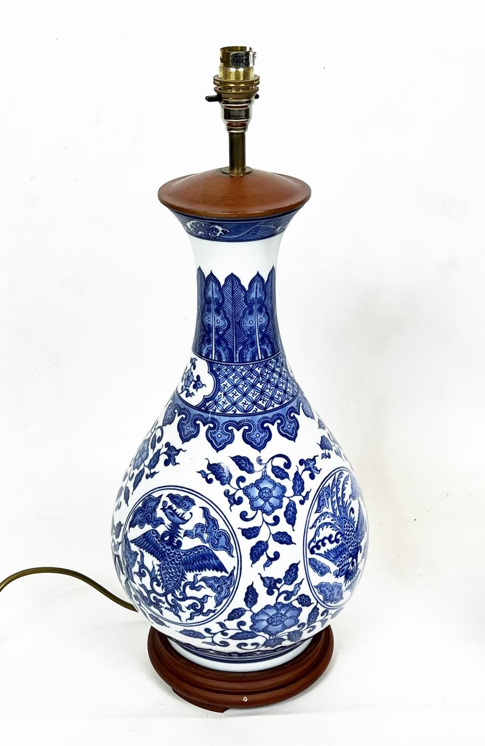 CHINESE BOTTLE LAMPS, a pair, blue and white with scrolling foliate and phoenix decoration, 56cm - Image 2 of 2
