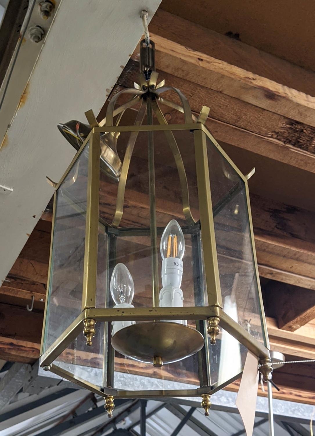 HALL LANTERN, gilt metal and glazed, three branch light, 65cm H. (faults to finish) - Image 2 of 3