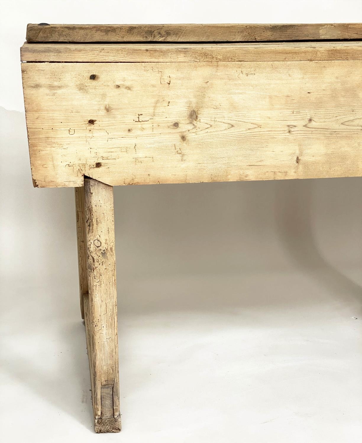 WORK BENCH, vintage/early 20th century broad planked pine, 211cm x 62cm x 80cm H. - Image 8 of 8