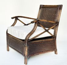 ARMCHAIR, rattan and wicker panelled and cane bound with 'X' arm supports and cushion, 66cm W.