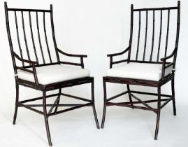 BAMBOO ARMCHAIRS, a pair, verandah style stained bamboo each with high rail back and cotton cushion,