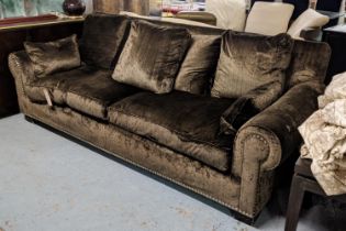 SOFA, brown fabric upholstered, studded detail, 250cm.