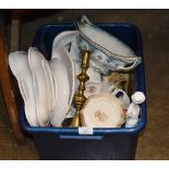 BOX WITH MIXED CERAMICS, MASONS JUG, ROYALTY WARE, FIGURINE ORNAMENT ETC